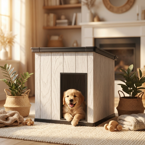 Kenda 30KG Medium Pent Roof Pet House | Modern Low-Profile PP Resin Indoor Shelter for Medium Dogs & Multi-Cat Households | Furniture-Grade Wood-Grain Design