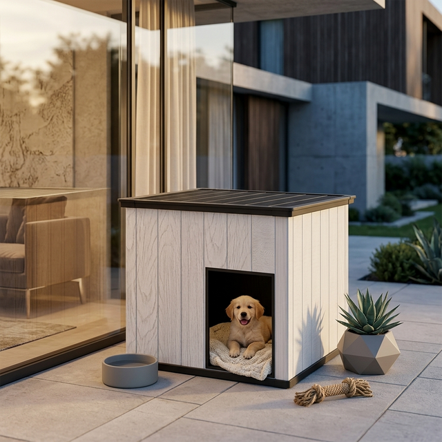 Kenda 45 kg gro&szlig;es Haustierhaus mit Pultdach | Extragro&szlig;er, flacher Indoor-Unterschlupf aus PP-Harz f&uuml;r gro&szlig;e Hunde und Riesenrassen | Ger&auml;umiges Design mit Holzmaserung in M&ouml;belqualit&auml;t