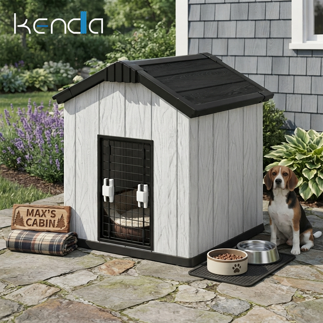 Kenda 30 kg mittelgro&szlig;es Haustierhaus | Innen-/Au&szlig;enunterstand aus 15 mm PP-Harz f&uuml;r mittelgro&szlig;e Hunde und Haushalte mit mehreren Katzen | M&ouml;beldesign mit Holzmaserung