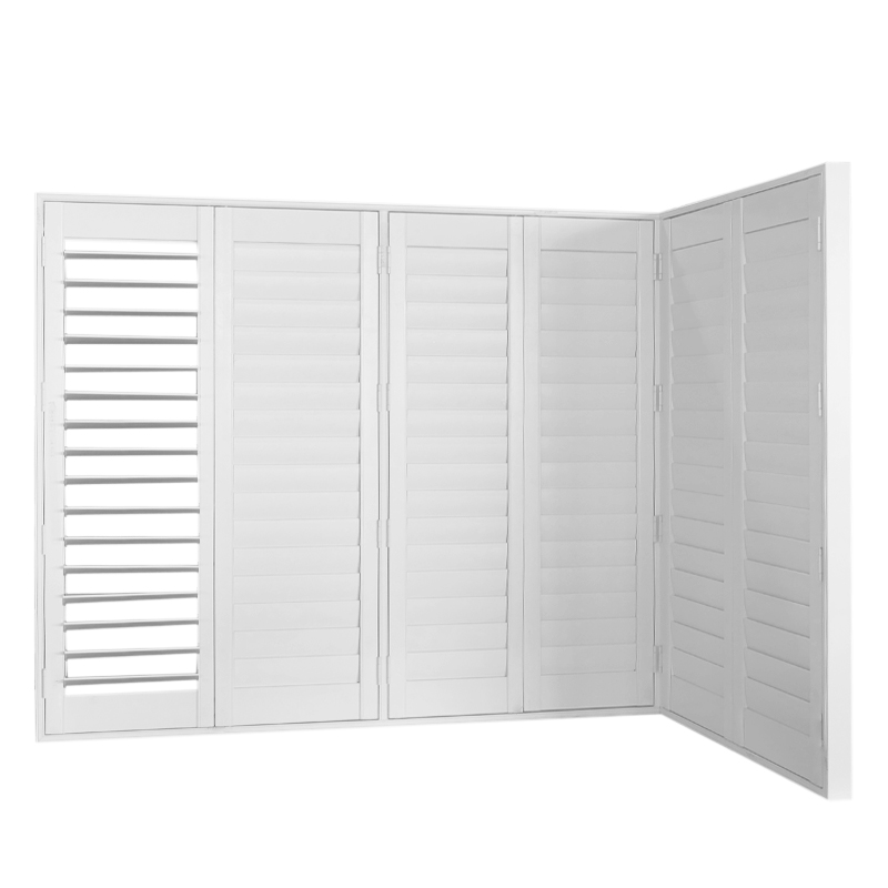 White fireproof PVC fauxwood shutters installed in a modern commercial setting